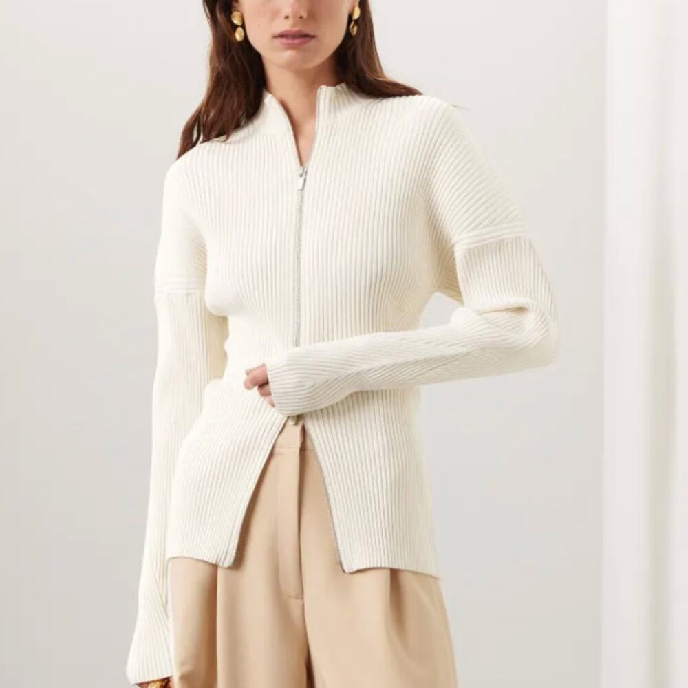 A.L.C. White Ribbed Knit Full Zip Sweater LARGE Work Quiet Luxury Designer $500